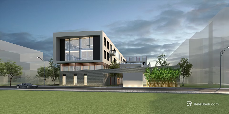 Modern Multi Storey Office Building With Large Glass Windows Green Lawn And Trees 3d model 