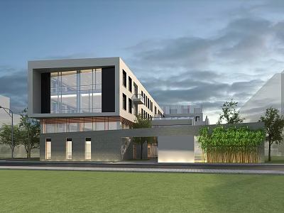 Modern Multi Storey Office Building With Large Glass Windows Green Lawn And Trees 3d model