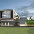 Modern Multi Storey Office Building With Large Glass Windows Green Lawn And Trees