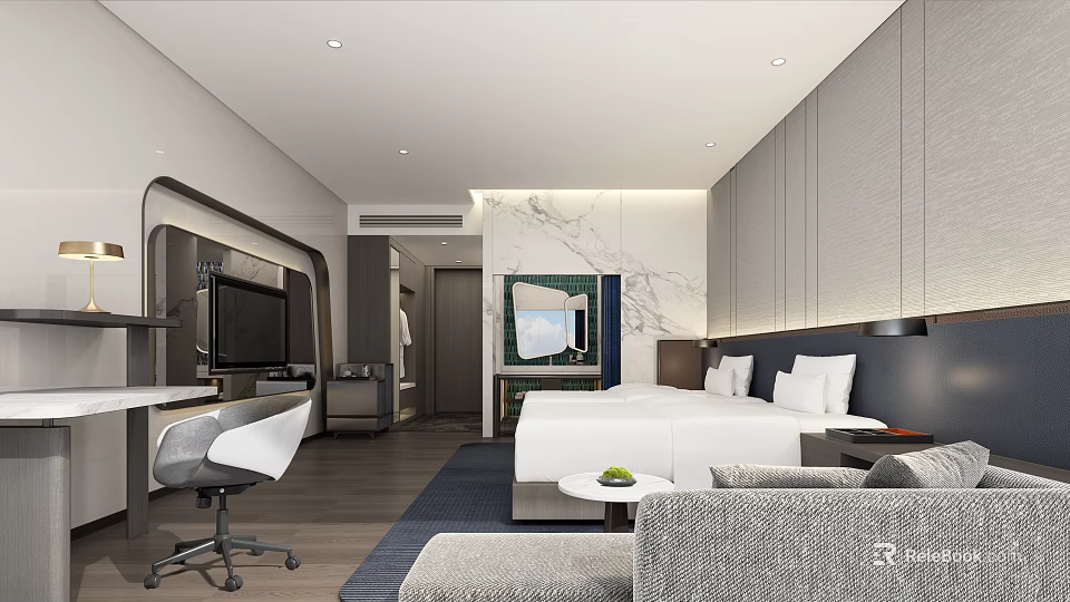 Modern Hotel Guest Room With King Bed Sofa Work Desk And Marble Accent 3d model 