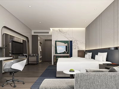 Modern Hotel Guest Room With King Bed Sofa Work Desk And Marble Accent 3d model