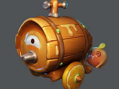 Cartoon Decorative Storage Barrel With Eyes Yellow Wheels Metal Parts And Small Orange Character 3d model