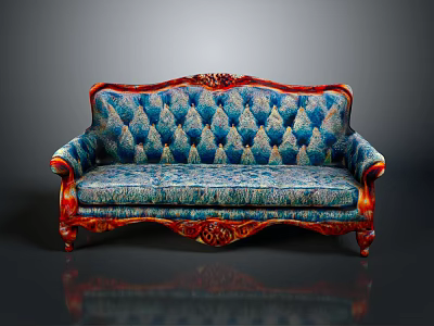 European Style Carved Sofa With Blue Diamond Patterned Fabric And Red Wooden Armrests 3d model