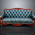 European Style Carved Sofa With Blue Diamond Patterned Fabric And Red Wooden Armrests