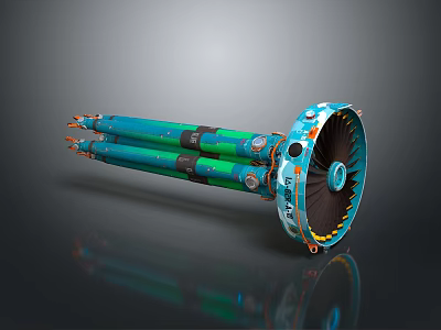 Blue Green Space Rocket Engine With Multiple Nozzles And Turbine Design For Deep Space Exploration 3d model