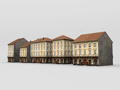 Traditional European Style Row Houses With Red Roofs And Yellow Exteriors 3d model