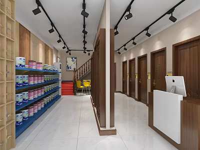 Specialty Store Interior With Colorful Cans On Shelves Wooden Doors And Reception Desk 3d model