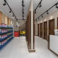 Specialty Store Interior With Colorful Cans On Shelves Wooden Doors And Reception Desk