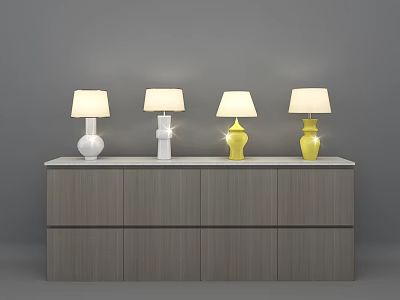 Four Modern White and Yellow Table Lamps with Fabric Shades on Grey Wooden Cabinet 3d model
