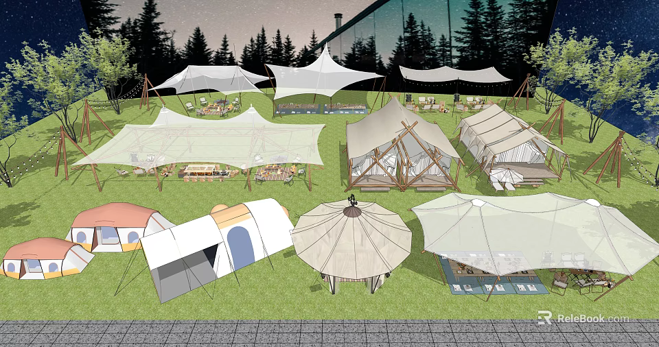Different Types of Camping Tents in Outdoor Campsite With Grass and Trees 3d model 