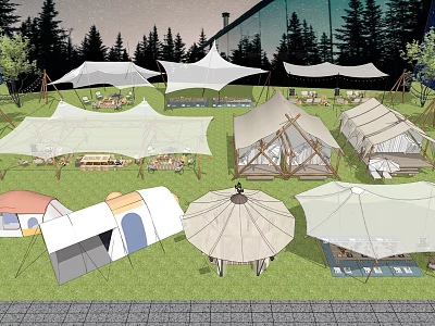 Different Types of Camping Tents in Outdoor Campsite With Grass and Trees 3d model