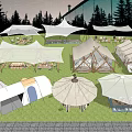 Different Types of Camping Tents in Outdoor Campsite With Grass and Trees