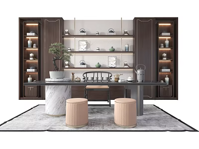 Elegant Modern Tea Table And Chairs With Marble Top Wooden Cabinets And Decorations 3d model