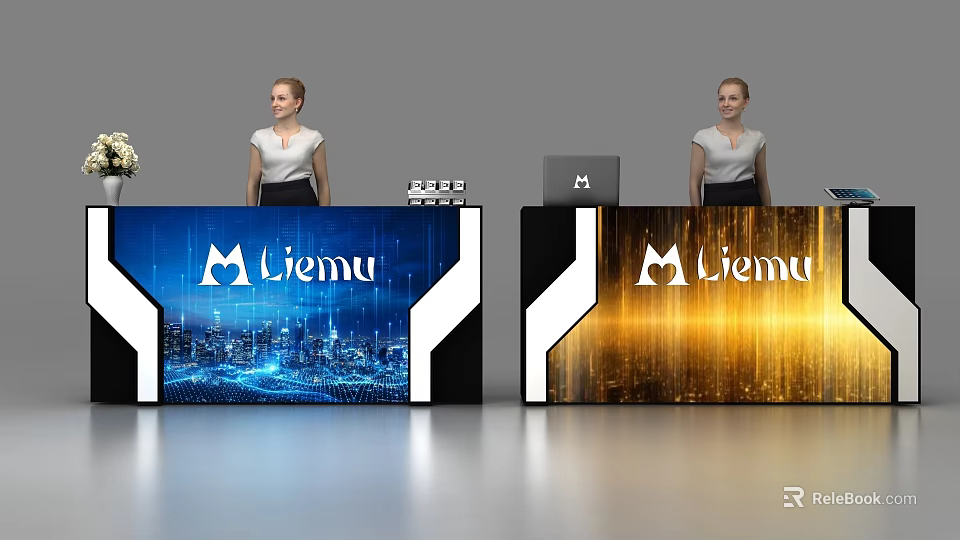 Modern Liemu Reception Desks With Blue Cityscape Background And Golden Gradient Panels 3d model 
