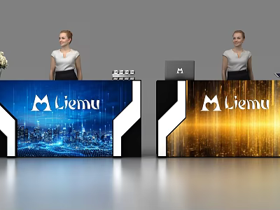 Modern Liemu Reception Desks With Blue Cityscape Background And Golden Gradient Panels 3d model