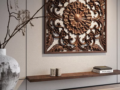 Elegant Wall Cabinets Design With Carved Decorative Panel Wooden Shelf And Books 3d model