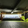 Modern Dance Fitness Studio With City View Geometric Ceiling Lights And Mirrors