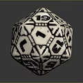 Black And White Polyhedral Dice With Geometric Patterns And Numbered Faces