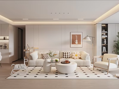 Modern Living Room Interior With Beige Sofa White Coffee Tables Geometric Rug And Floor Lamp 3d model