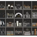 Elegant Decorative Ornament Sets on Display Shelves with Vases Sculptures Pagoda Lion Statues and Fans