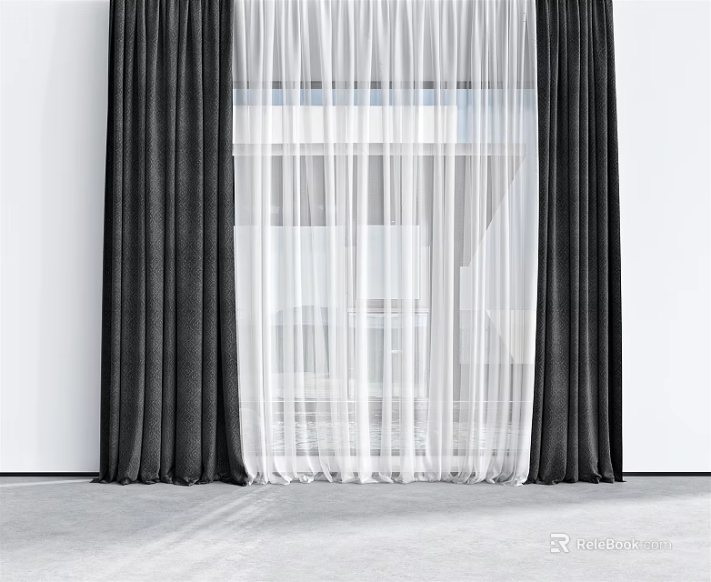 Modern Black and White Curtains Featuring Sheer Panels and Thick Drapes Against White Walls Gray Floor 3d model 