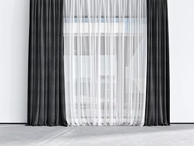 Modern Black and White Curtains Featuring Sheer Panels and Thick Drapes Against White Walls Gray Floor 3d model