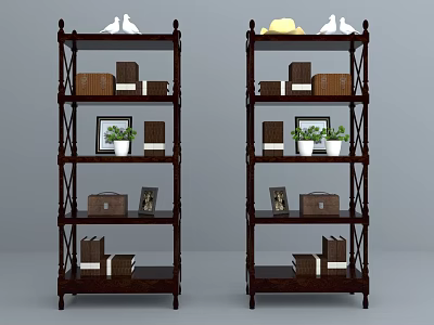 Two Dark Brown Bookcases With Cross Design And Books Photo Frames Potted Plants Baskets 3d model