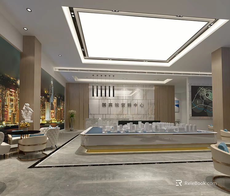 Modern Property Sales Office Interior Featuring Scale Model Reception Area Sofas Lighting And Cityscape Decor 3d model 