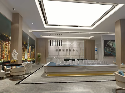 Modern Property Sales Office Interior Featuring Scale Model Reception Area Sofas Lighting And Cityscape Decor 3d model