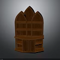 Brown Wooden Arched Top Bookshelf With Multiple Shelves And Cabinet Doors