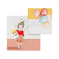 Girl Portrait Painting with Astronaut Helmet Holding Cat and Colorful Balloons Artwork