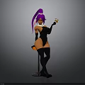 3D Character With Purple Ponytail In Orange Black Bodysuit Sitting On Bar Stool Holding Glass