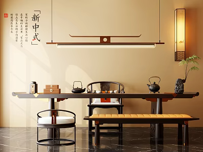 New Chinese Style Tea Table and Chairs with Tea Sets Hanging Lamp and Wall Decor 3d model