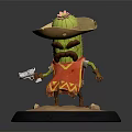 Anthropomorphic Cactus Character Wearing Sombrero With Flower Mustache Red Vest Holding Gun On Base