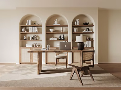 Arched Wooden Bookshelf With Decorative Items And Books In Cozy Home Office Study Space 3d model