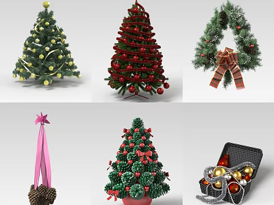 Christmas Decorative Ornament Sets Including Various Tree Designs Balls Bows And Pinecones 3d model