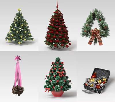 Christmas Decorative Ornament Sets Including Various Tree Designs Balls Bows And Pinecones 3d model