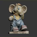 Cute Elephant Figurine Wearing Straw Hat Blue Overalls And Pink Shoes Standing On Square Base