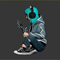 3D Character With Teal Hair Headphones Hoodie And Cargo Pants Squatting Pose Peace Sign