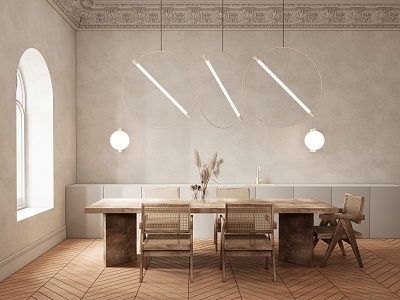 Japanese Style Quiet Style Restaurant Light French Style Table and Chair Combination Minimalist Chandelier Wall Lamp Plaster Line Wood Floor 3d model