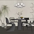 Modern Dining Table Set With Chairs White Spherical Pendant Light Arched Shelves And Plants