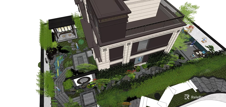 Exquisite Garden Landscape Design With Traditional Pavilion Water Features and Lush Greenery Surrounding Modern Building 3d model 