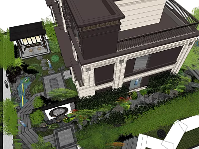 Exquisite Garden Landscape Design With Traditional Pavilion Water Features and Lush Greenery Surrounding Modern Building 3d model