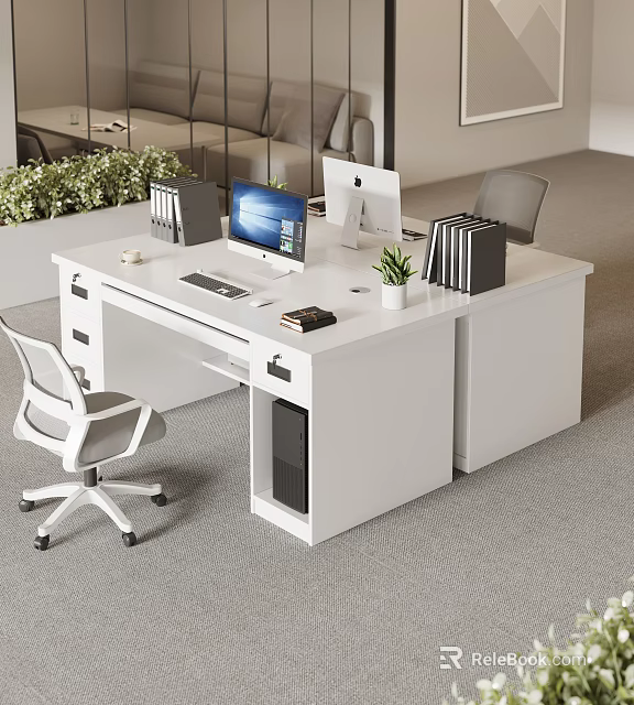 Modern Office Workspace with White Desk Dual Monitors File Organizers Potted Plant and Office Chair 3d model 