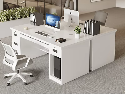 Modern Office Workspace with White Desk Dual Monitors File Organizers Potted Plant and Office Chair 3d model