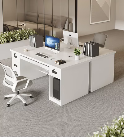 Modern Office Workspace with White Desk Dual Monitors File Organizers Potted Plant and Office Chair 3d model