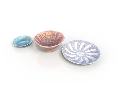 Three Hand Carved Sculptural Ceramic Bowls With Colorful Intricate Patterns And Designs 3d model