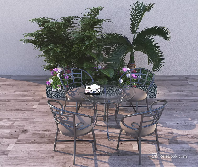 Outdoor Table Set with Chairs and Potted Green Plants on Wooden Deck 3d model 