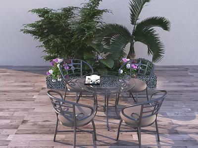 Outdoor Table Set with Chairs and Potted Green Plants on Wooden Deck 3d model