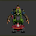 Mohawk Character In Leather Jacket Riding Green Dinosaur Creature On Red Tracked Vehicle With Mechanical Gun